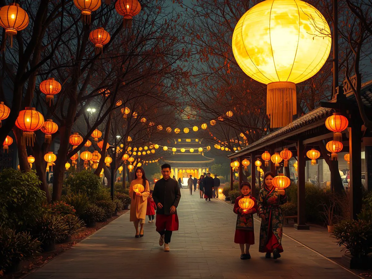 中秋游园会夜景，灯笼、月亮装置和汉服巡游人群