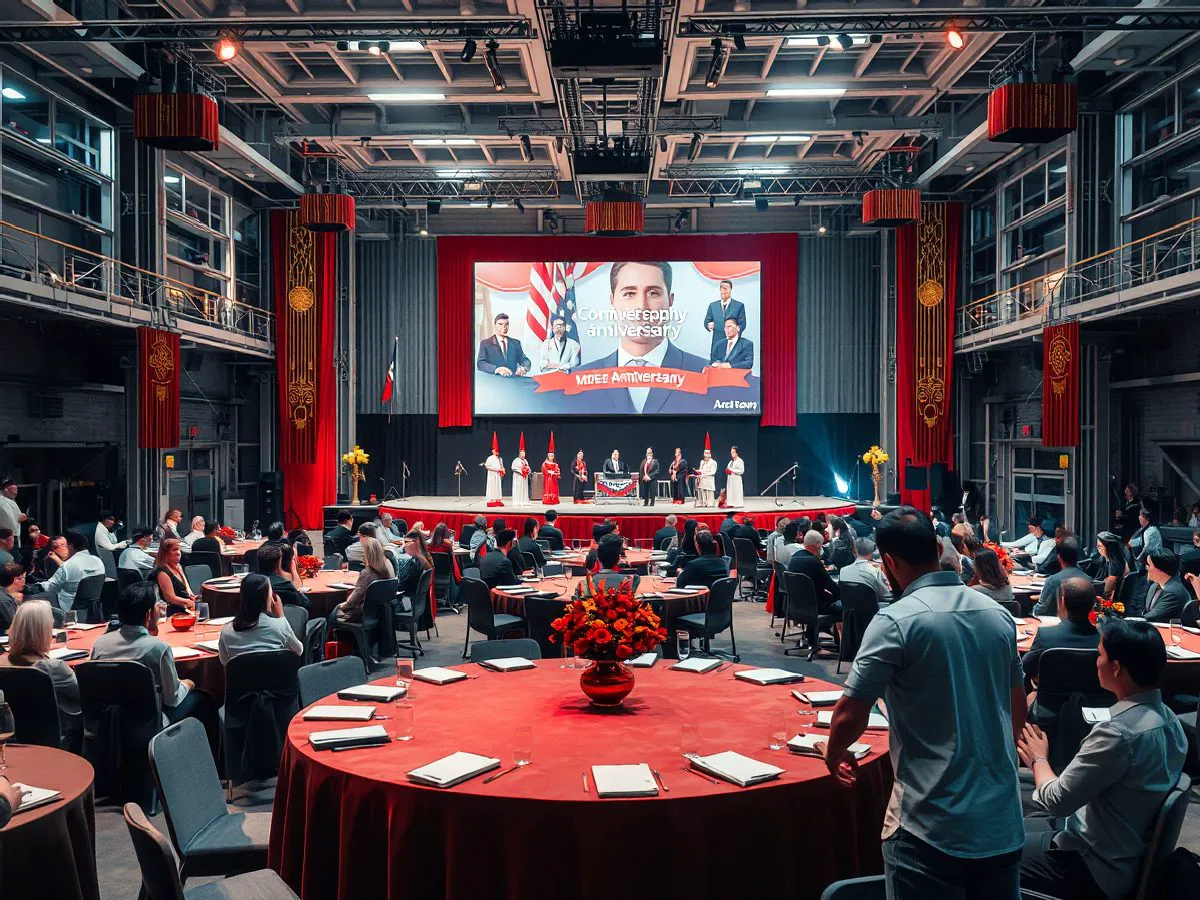 企业十周年庆典活动现场，舞台大屏播放回顾视频，观众席气氛热烈
