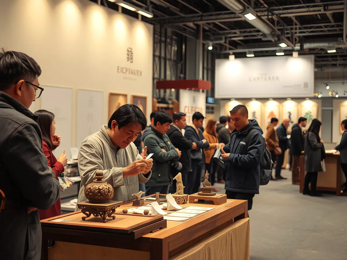 非遗文化展演现场，参观者观看传统手工艺展示