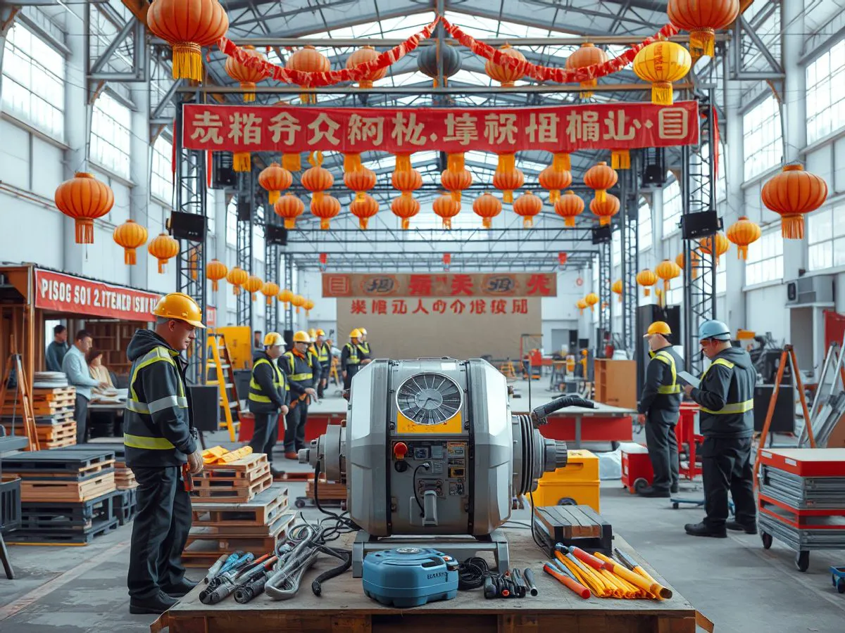 节庆活动现场布置场景，工作人员正在进行搭建和装饰