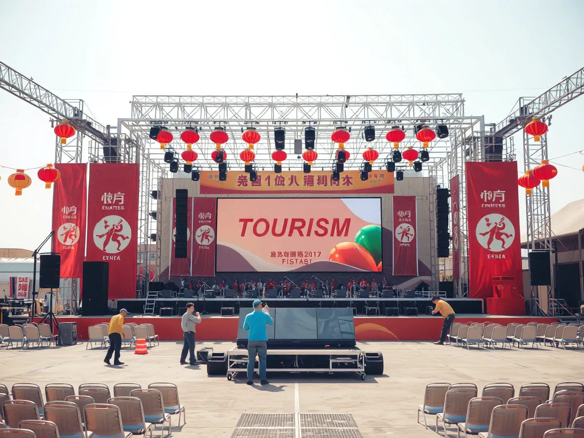 旅游节开幕式舞台搭建现场，工作人员布置场地
